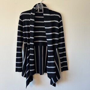 Black and White Striped Long Cardigan with Shark Bite Open Front